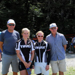 Olivia with her Coast to Coast team mate Claire and their Dads